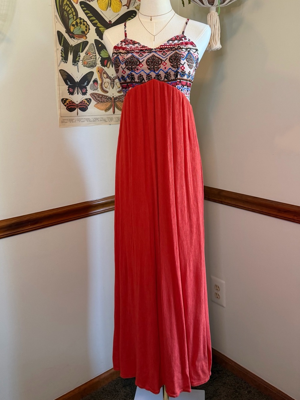Boho Coral Maxi Dress with Patterned Bodice Size Small